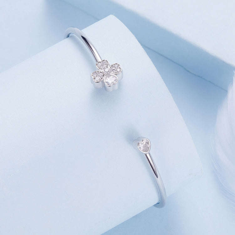 BSB134 Sterling Silver S925 Plated Platinum Zircon Four-leaf Clover Open Bracelet Hand Decoration
