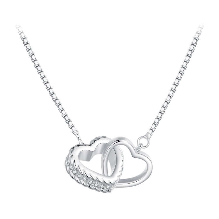 BSN339 Sterling Silver S925  Zircon Dual Ring Heart Interlocking Necklace