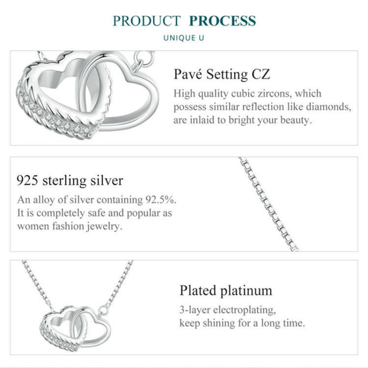 BSN339 Sterling Silver S925  Zircon Dual Ring Heart Interlocking Necklace