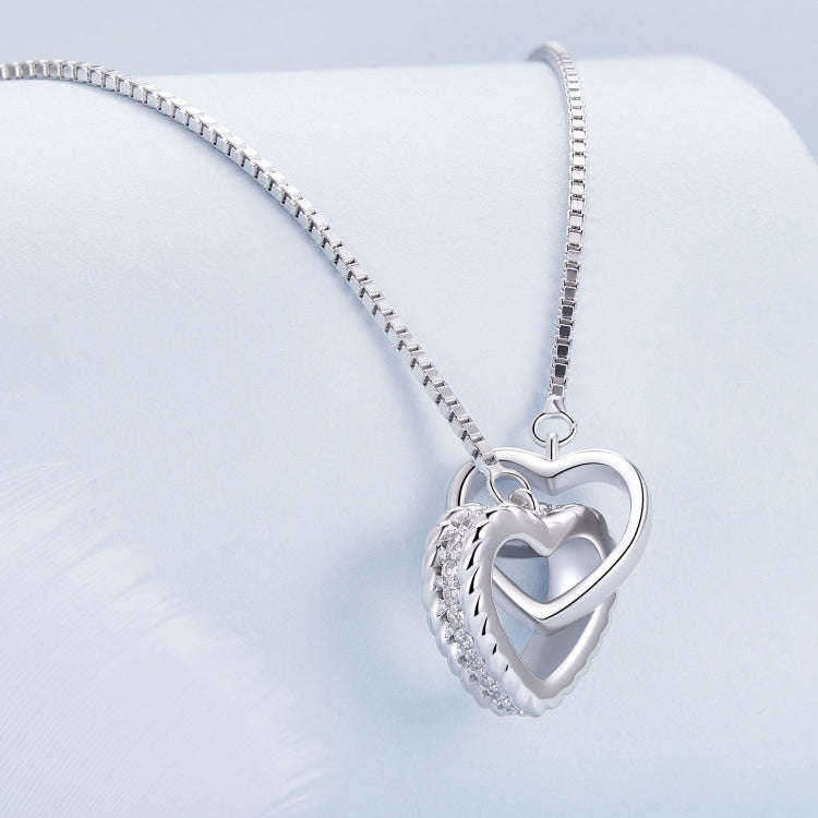 BSN339 Sterling Silver S925  Zircon Dual Ring Heart Interlocking Necklace
