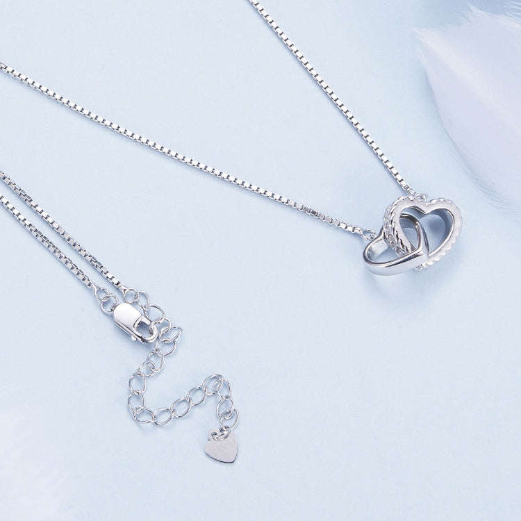 BSN339 Sterling Silver S925  Zircon Dual Ring Heart Interlocking Necklace