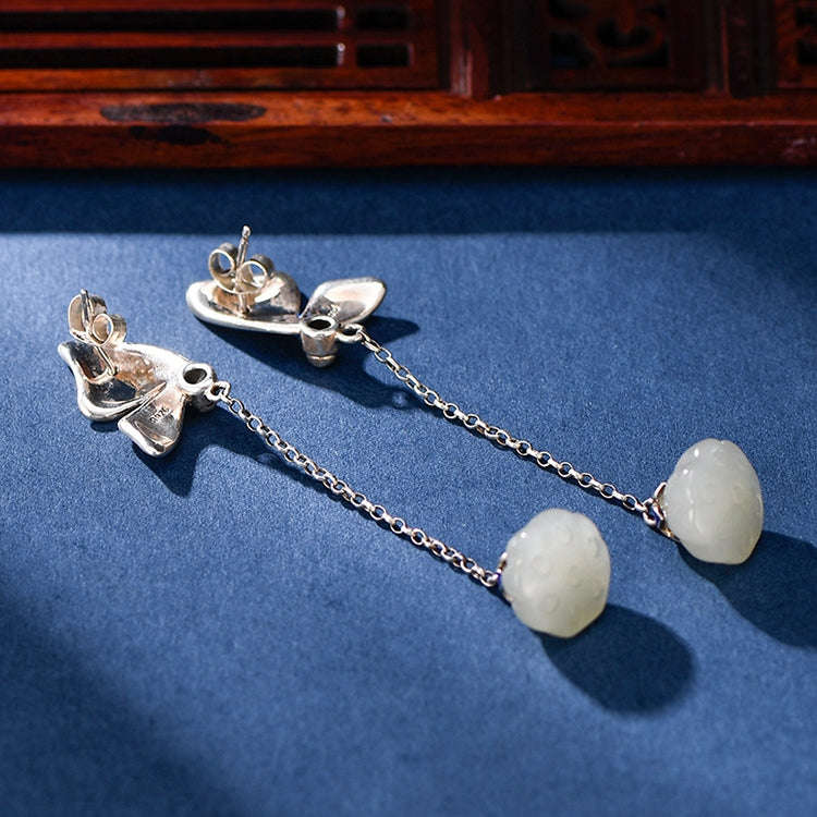 925 Sterling Silver White Jade Lotus Earrings Elegant Butterfly Earrings Enamel Process Fine Jewelry