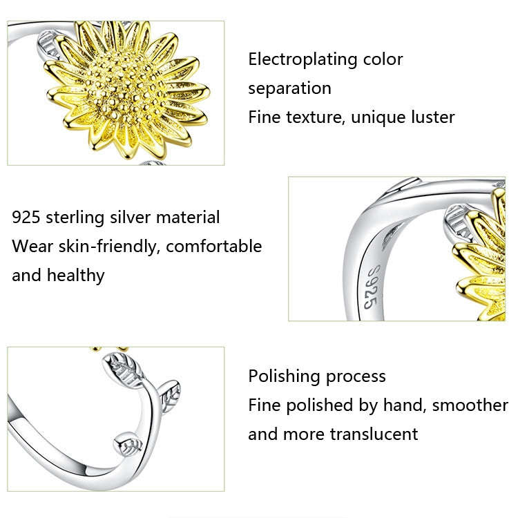 Golden Sunflower Ring Platinum Plated S925 Sterling Silver Girls Silver Ring