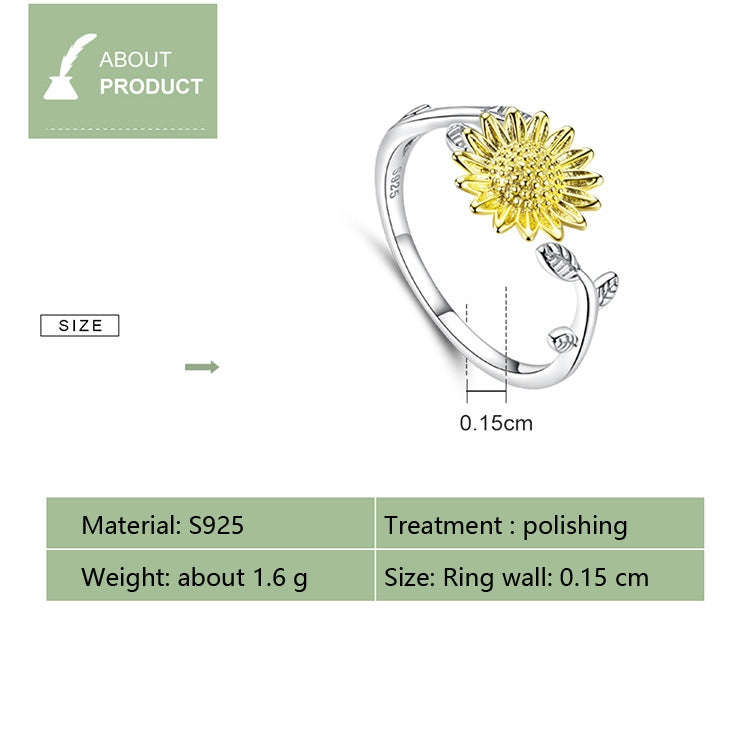 Golden Sunflower Ring Platinum Plated S925 Sterling Silver Girls Silver Ring