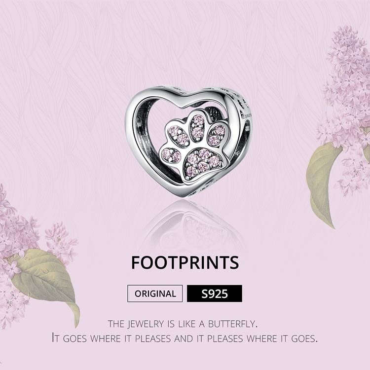 S925 Sterling Silver Heart Shaped Pet Paw Print Beads DIY Bracelet Beaded Accessories