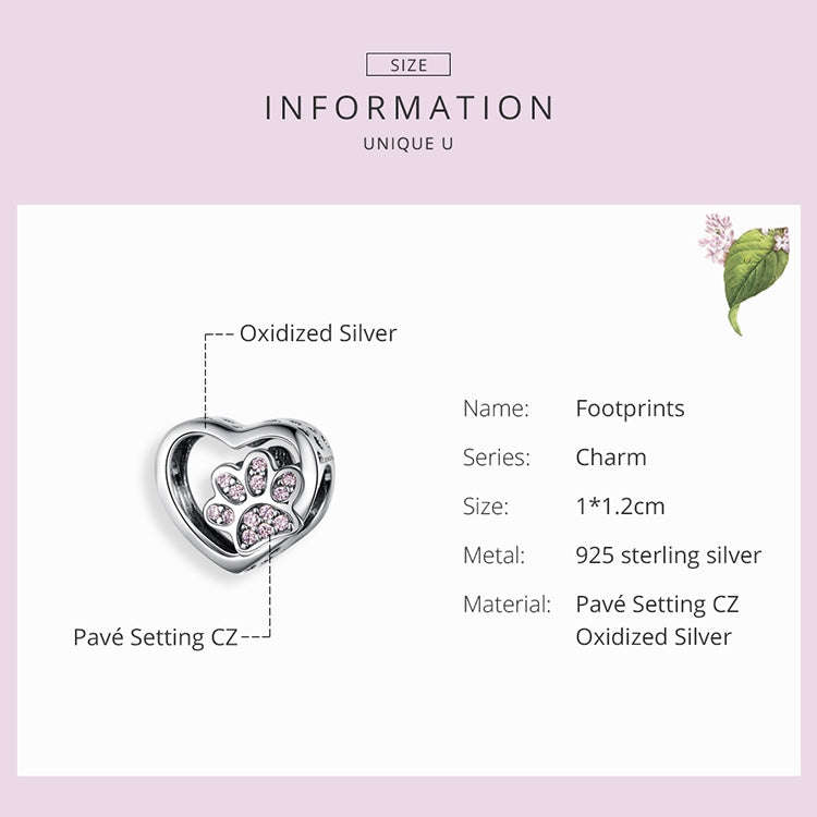 S925 Sterling Silver Heart Shaped Pet Paw Print Beads DIY Bracelet Beaded Accessories