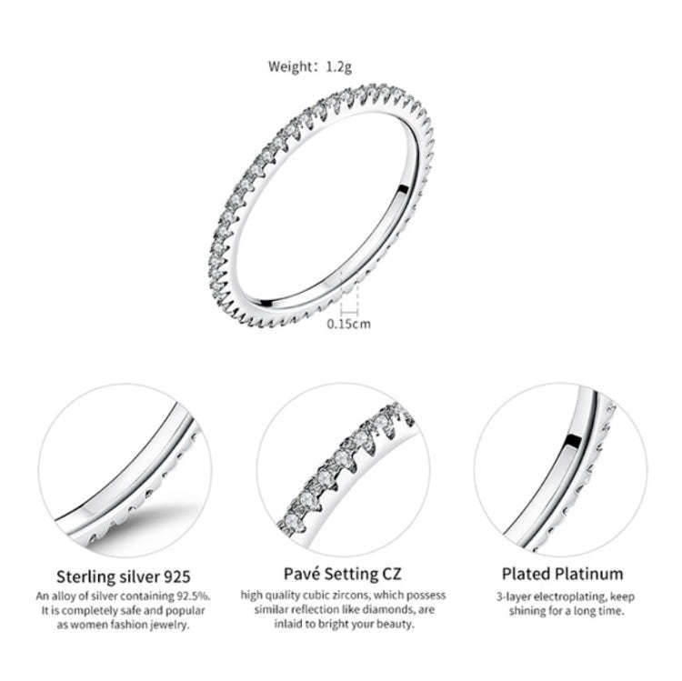 S925 Sterling Silver Ladies Fashion Ring Diamond Simple Ring, Size: 7