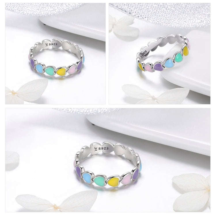 S925 Sterling Silver Heart-shaped Rainbow Ring Female Ring Valentines Day Gift, Size:7 US Size