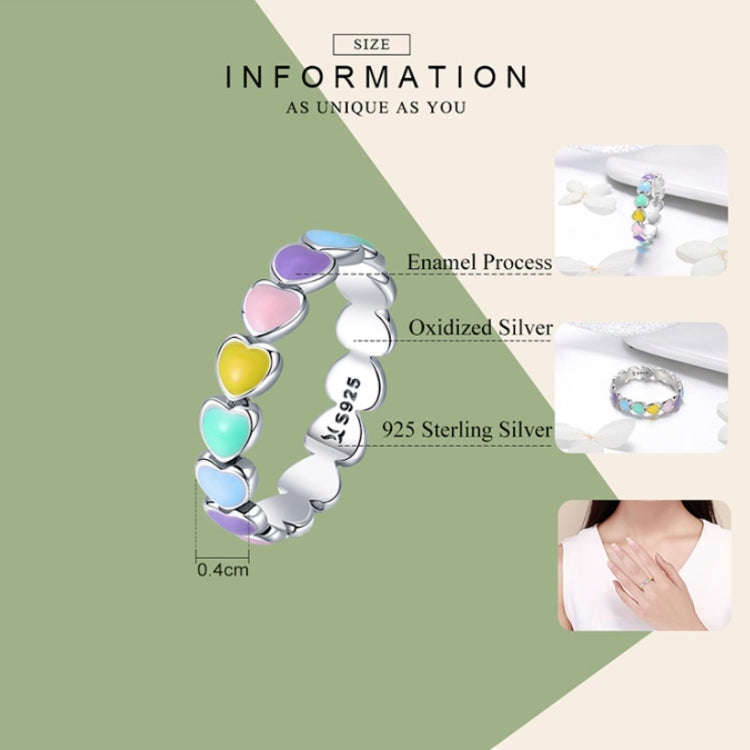 S925 Sterling Silver Heart-shaped Rainbow Ring Female Ring Valentines Day Gift, Size:7 US Size