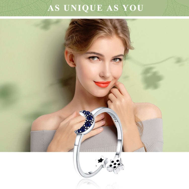 S925 Sterling Silver Ladies Ring Bright Star Moon Hollow Ring