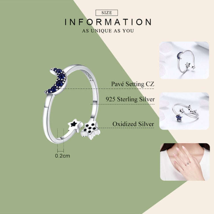 S925 Sterling Silver Ladies Ring Bright Star Moon Hollow Ring