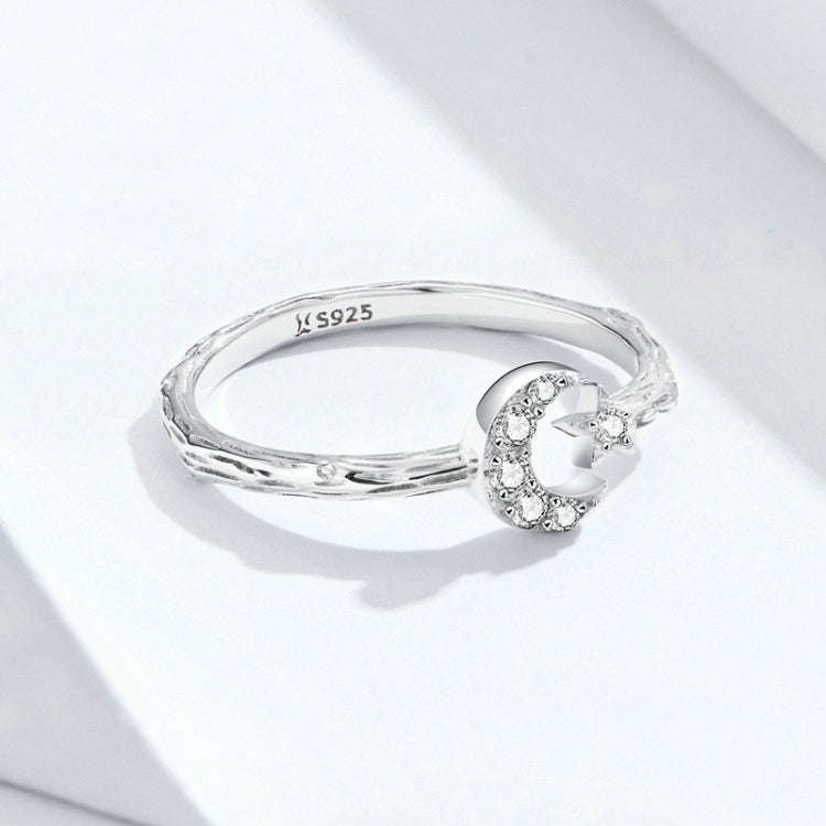 Fashion Retro Open Ring Sterling Silver S925 Star and Moon Platinum Plated Zircon Ring