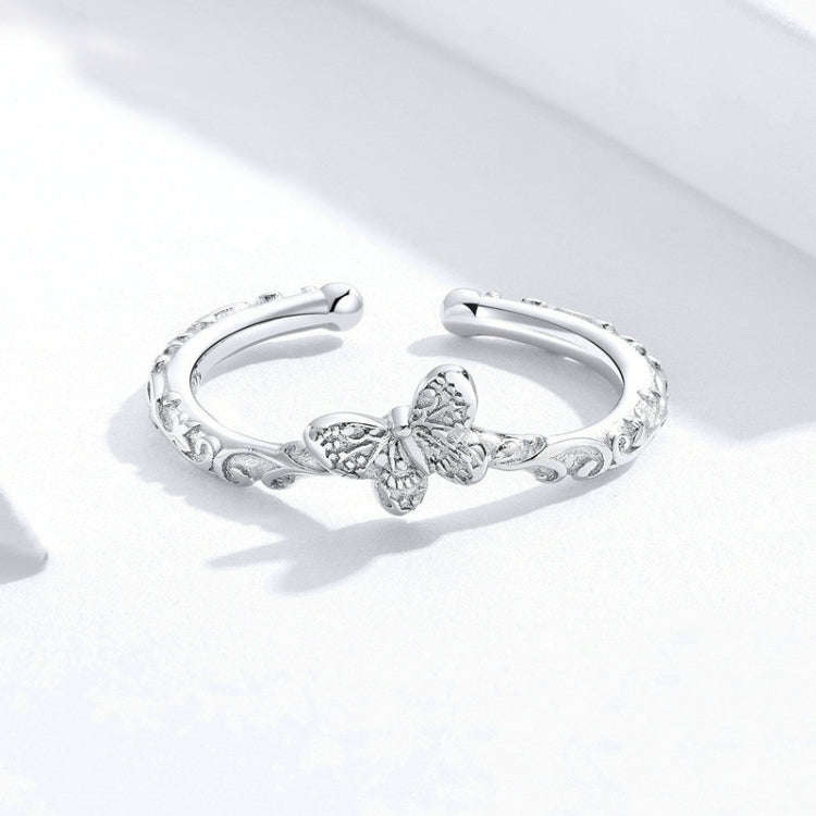 S925 Sterling Silver Vintage Pattern Butterfly Ring Platinum Plated Open Ring