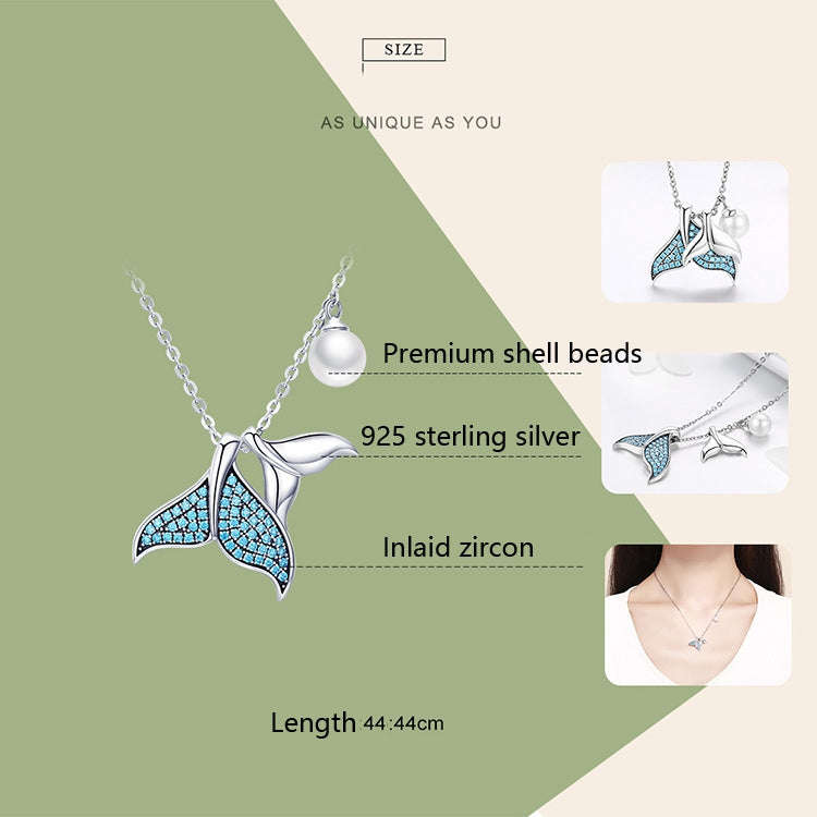 Mermaid Tears S925 Sterling Silver Necklace Ocean Shell Pearl Fish Tail Necklace