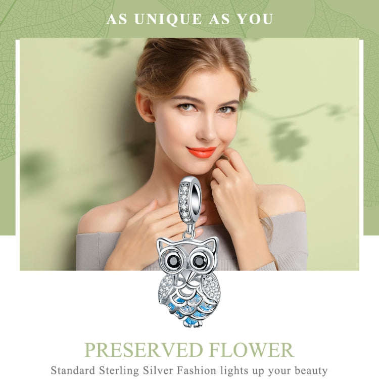 S925 Sterling Silver Blue Zircon Movable Owl Pendant DIY Bracelet Accessories, Style:Necklace+Ped...