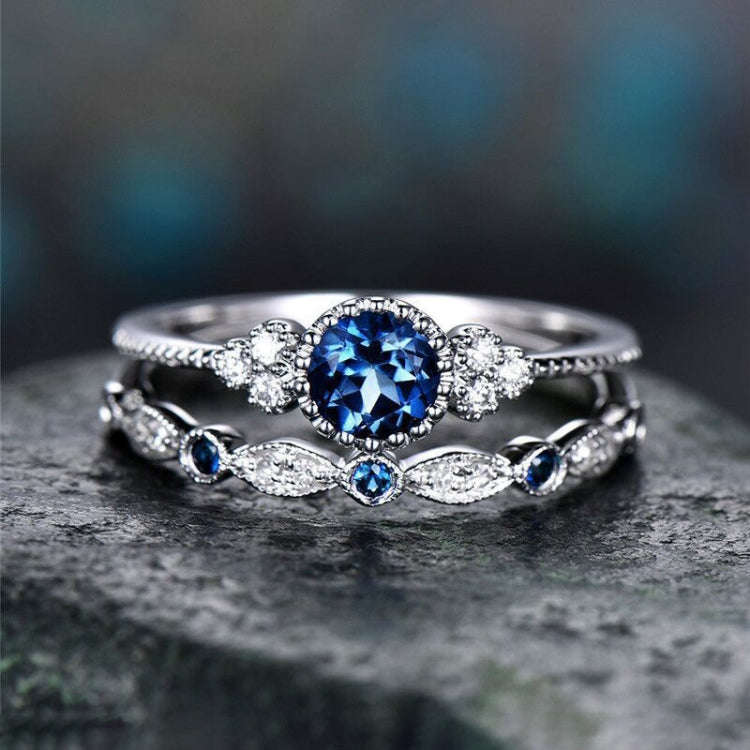 2 PCS/Set Women Fashion Zircon Gemstone Ring 7(Blue)