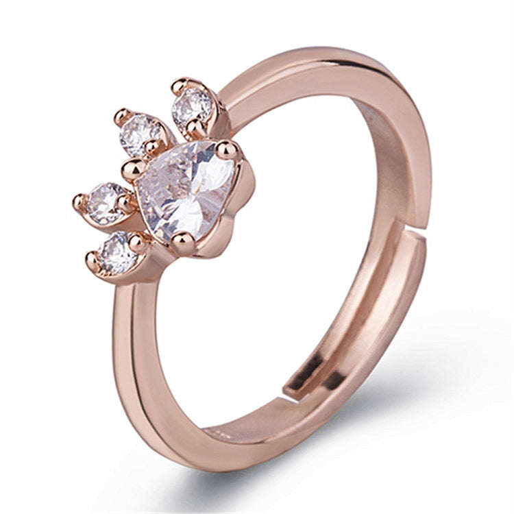 Women Crystal Cute Cat Claw Opening Adjustable Ring Jewelry(White  rose gold)