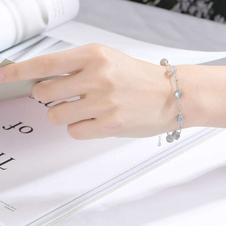 925 Sterling Silver Bracelet Women Crystal Bracelet Natural Beads Double-Layers Jewelry, Style:St...