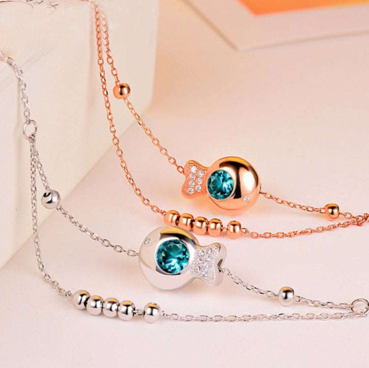S925 Sterling Silver Inlaid Zircon Girls Foot Ornaments Double Round Bead Anklet(White Gold)