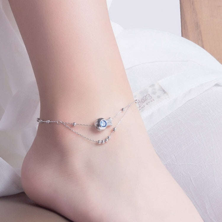 S925 Sterling Silver Inlaid Zircon Girls Foot Ornaments Double Round Bead Anklet(White Gold)