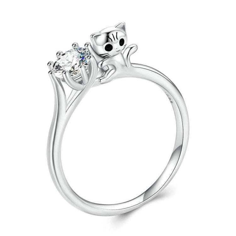 BSR351 Sterling Silver S925 Cat Zircon Platinum Plated Animal Ring(No.6)