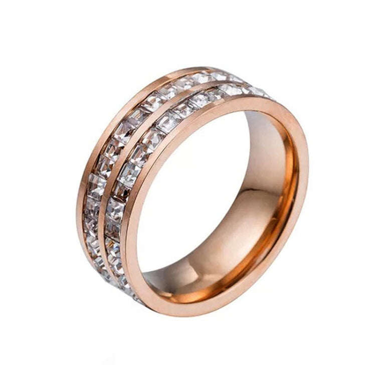 Girls Simple Titanium Steel Diamond Ring, Size: US Size 5(Double Row Rose Gold)