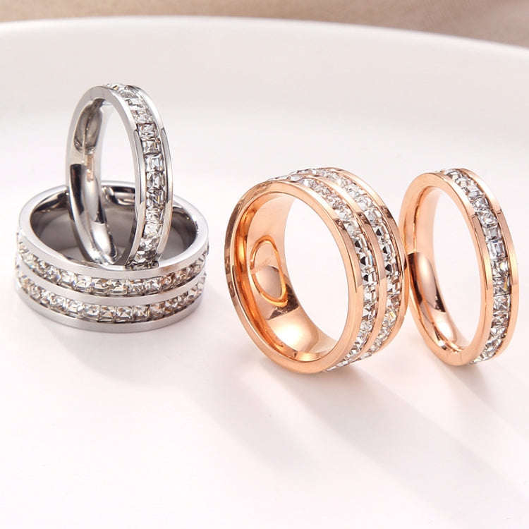 Girls Simple Titanium Steel Diamond Ring, Size: US Size 5(Double Row Rose Gold)