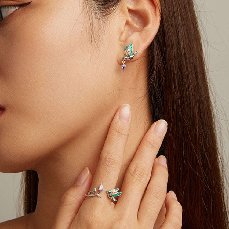 Drip Oil Craft Kingfisher Earrings Ring Set 925 Silver Jewelry, Style: Earrings
