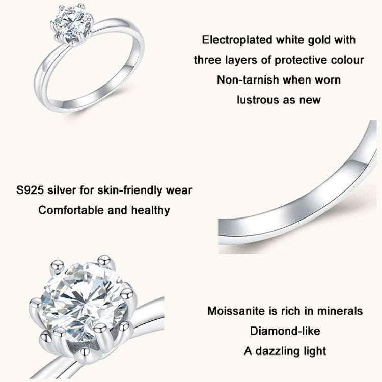 MSR006 Sterling Silver S925 Six Claw Moissanite Ring  Jewellery, Size: No.7