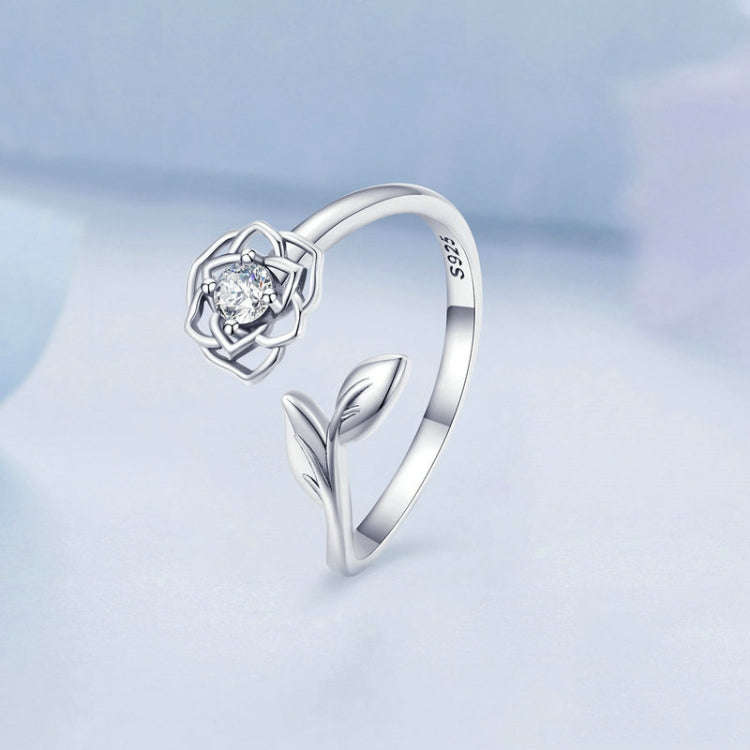 BSR325 Sterling Silver S925 Silver Camellia Zirconia Ring(Open Adjustable)