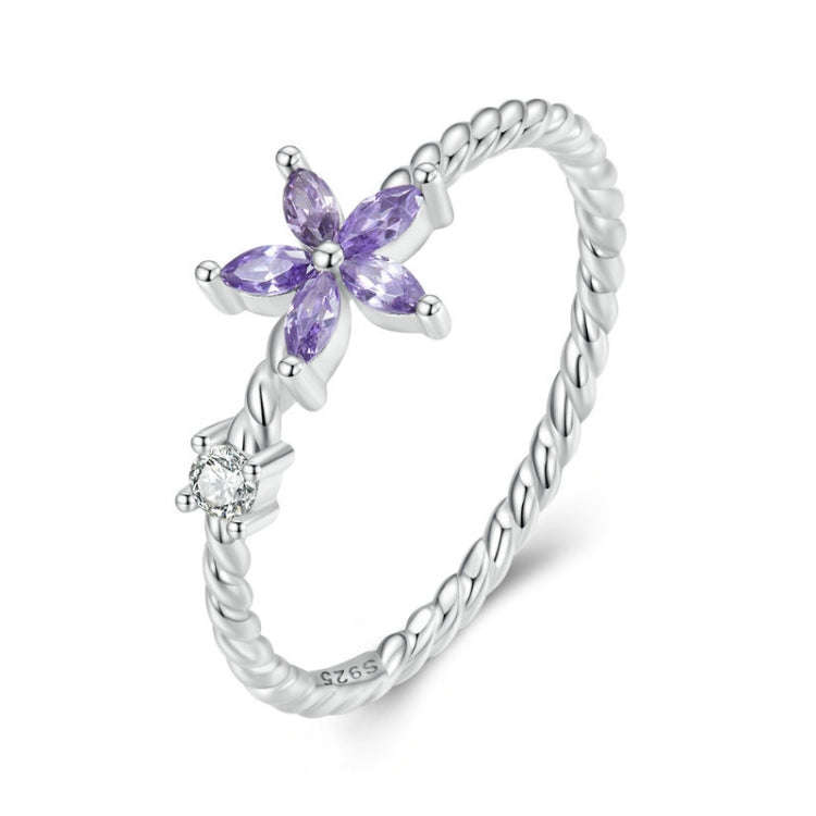 BSR326 Sterling Silver S925 Geometric Zirconia Purple Flower  Ring(No.7)