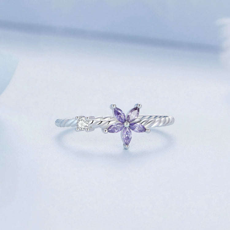 BSR326 Sterling Silver S925 Geometric Zirconia Purple Flower  Ring(No.7)