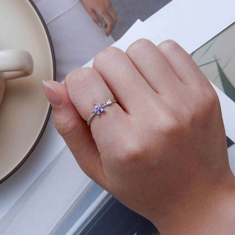 BSR326 Sterling Silver S925 Geometric Zirconia Purple Flower  Ring(No.8)