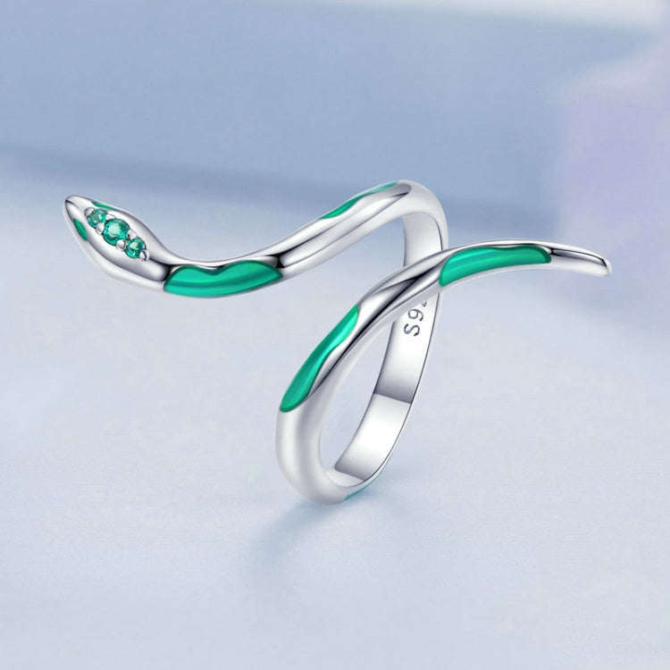 BSR328 Sterling Silver S925  Oil Drop Zirconia Green Snake Ring(Open Adjustable)