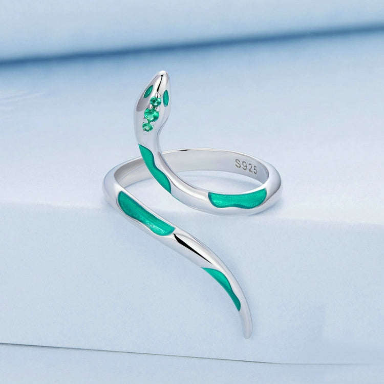 BSR328 Sterling Silver S925  Oil Drop Zirconia Green Snake Ring(Open Adjustable)