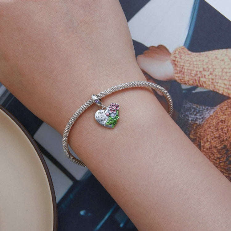 SCC2417 Sterling Silver S925 Lotus Flower Love Zirconia Engraved Bracelet Charm Bead