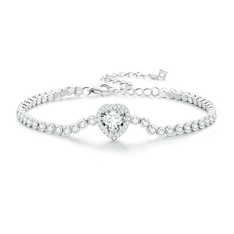 BSB098 S925 Sterling Silver Sparkling  Heart Zirconia Bracelet