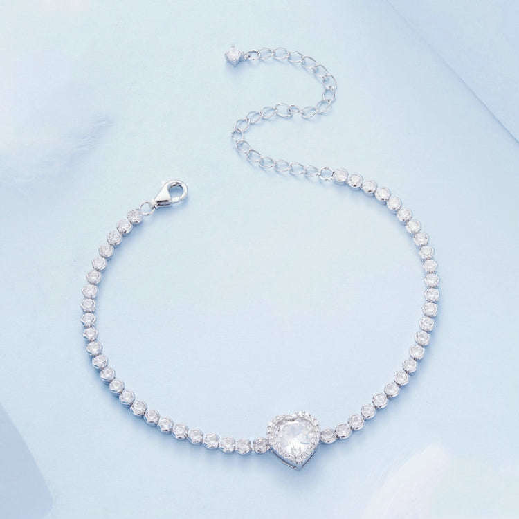 BSB098 S925 Sterling Silver Sparkling  Heart Zirconia Bracelet