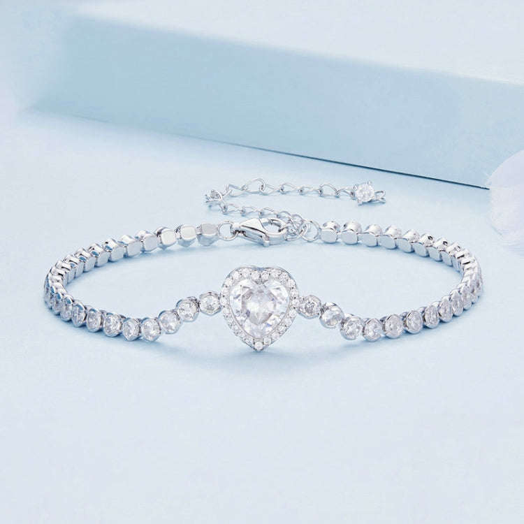 BSB098 S925 Sterling Silver Sparkling  Heart Zirconia Bracelet