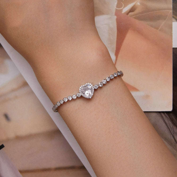 BSB098 S925 Sterling Silver Sparkling  Heart Zirconia Bracelet