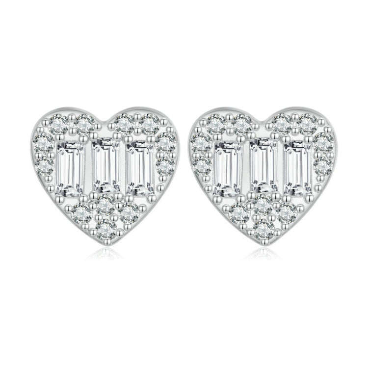 BSE766 Sterling Silver S925 Plated Platinum Sparkling Zirconia Heart Stud Earrings