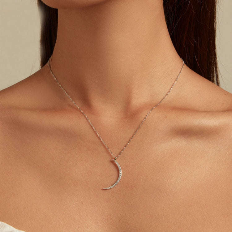 BSN286 Sterling Silver S925  Zircon Crescent Pendant Necklace