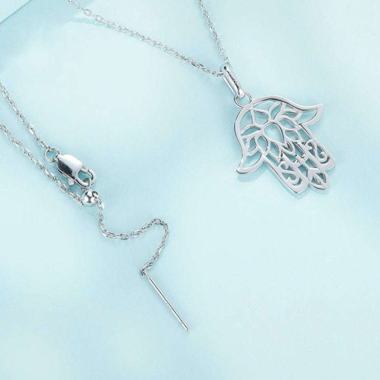SCN490 Sterling Silver S925 Hand of Fatima Hollow Lotus Plated Platinum Necklace