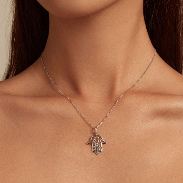 SCN490 Sterling Silver S925 Hand of Fatima Hollow Lotus Plated Platinum Necklace