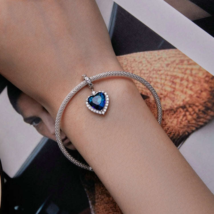 BSC775 Sterling Silver S925 Ocean Heart Zircon Plated Platinum Bracelet Bead