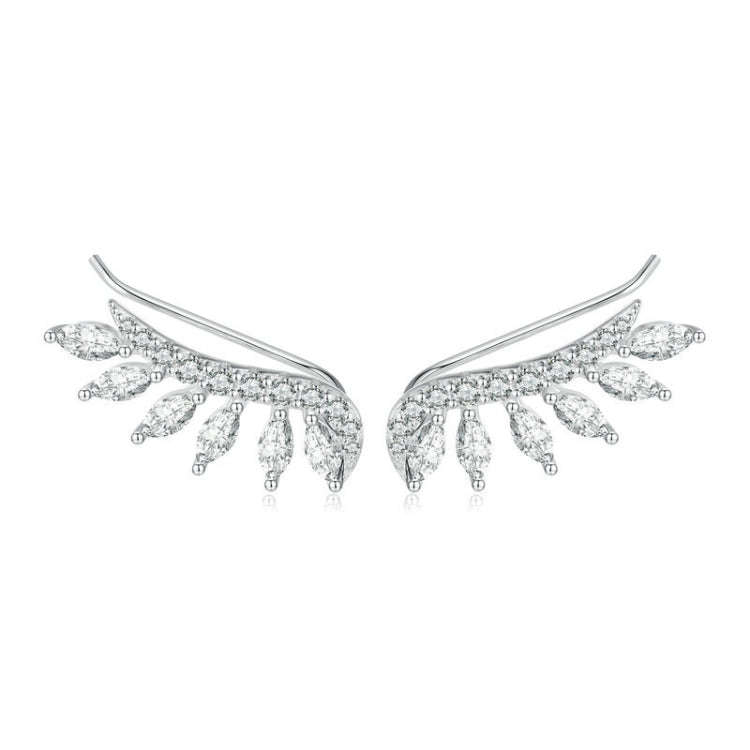 BSE780 Sterling Silver S925 Sparkling Platinum Zircon Wing Feather Long Stud Earrings