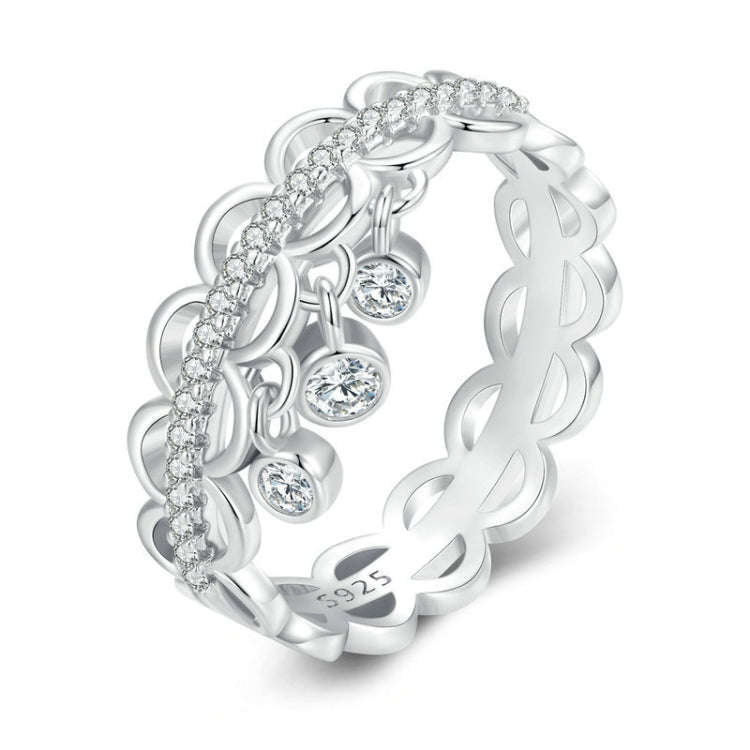 BSR367 Sterling Silver S925 Lace Tassel Platinum Plated Zircon Hollow Ring(No.8)