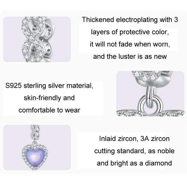 SCC2454 Sterling Silver S925 Platinum Plated Zircon Heart Bracelet Beads