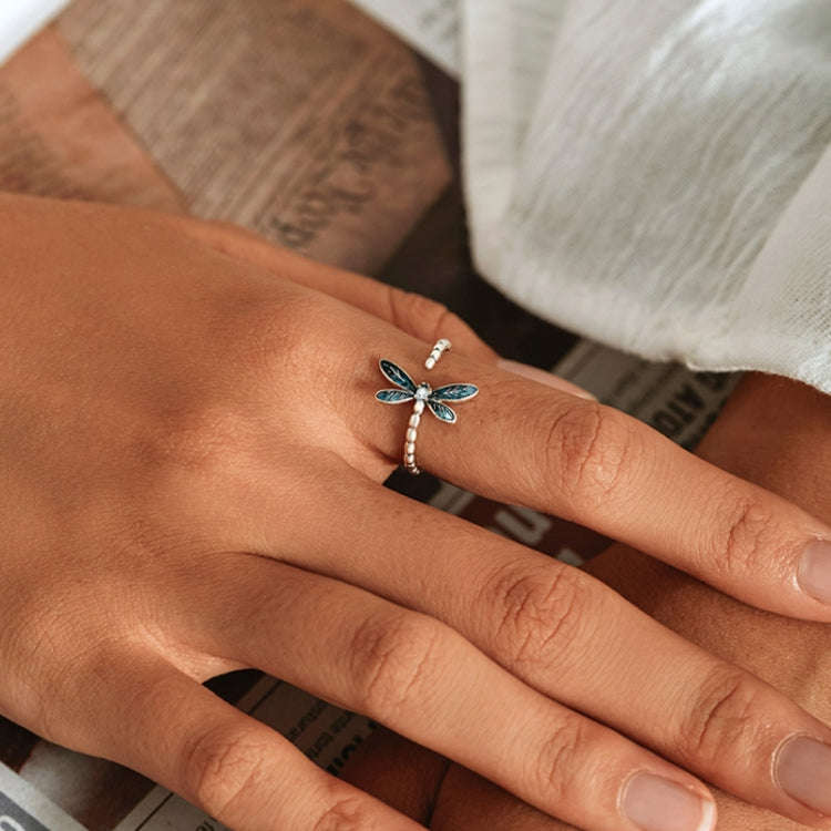 BSR216 Sterling Silver S925 Zircon Vintage Dragonfly Open Ring