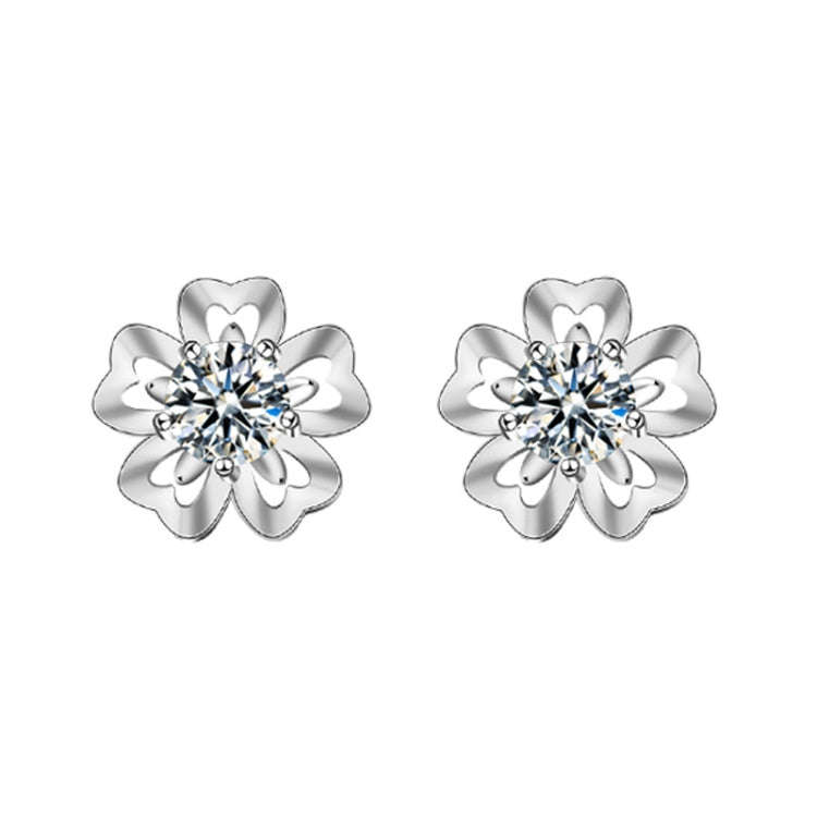 Sakura Earrings 925 Silver Needle Flower Earrings(50 Points Mosan Diamond White Gold)